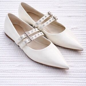 Open Edit White Mary Jane Flats Pointed Toe Double Strap Chic Size 7.5